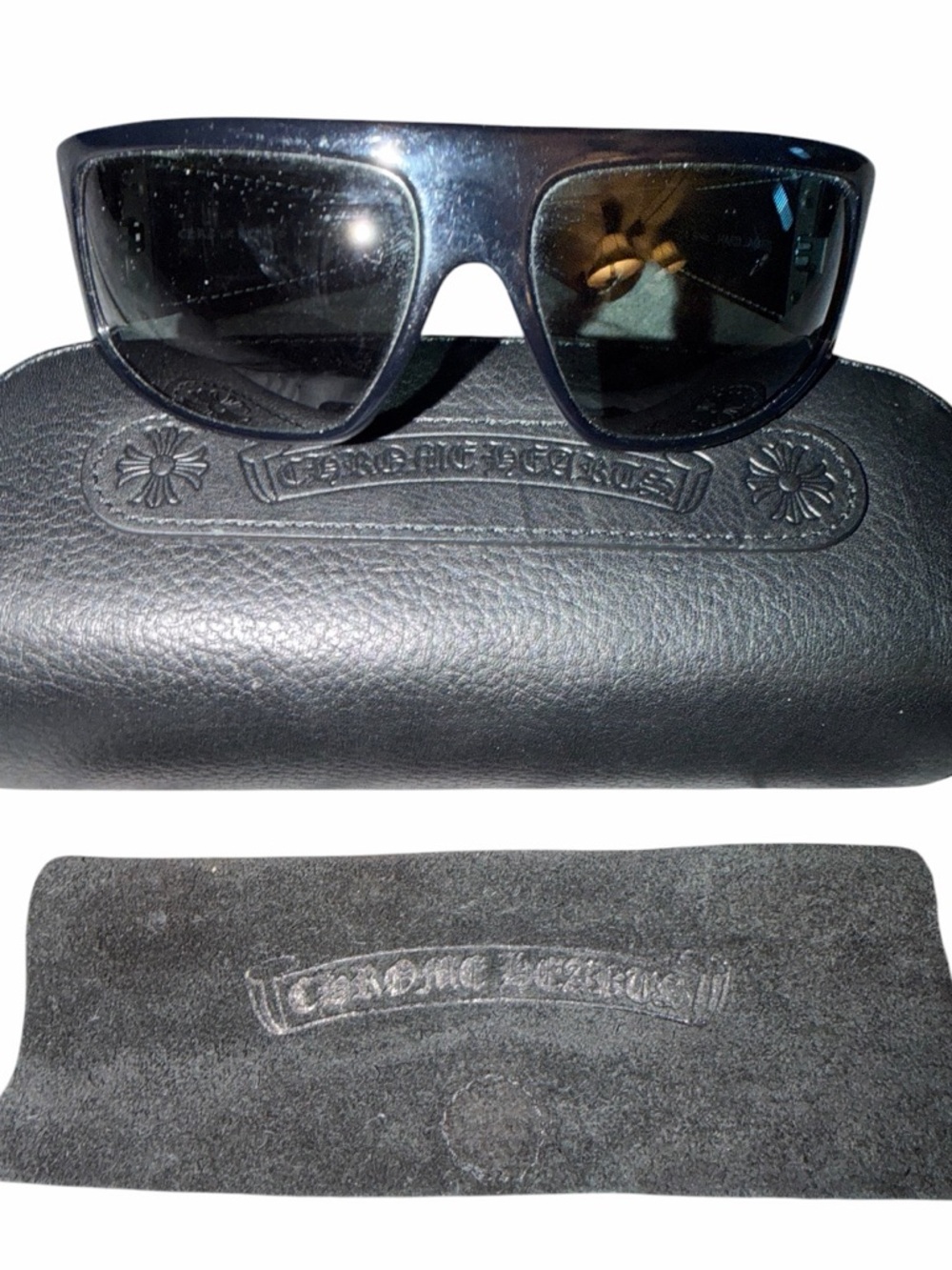 Chrome Hearts Black Hard James Sunglasses RARE Black Leather Triple Cross - Picture 2 of 7